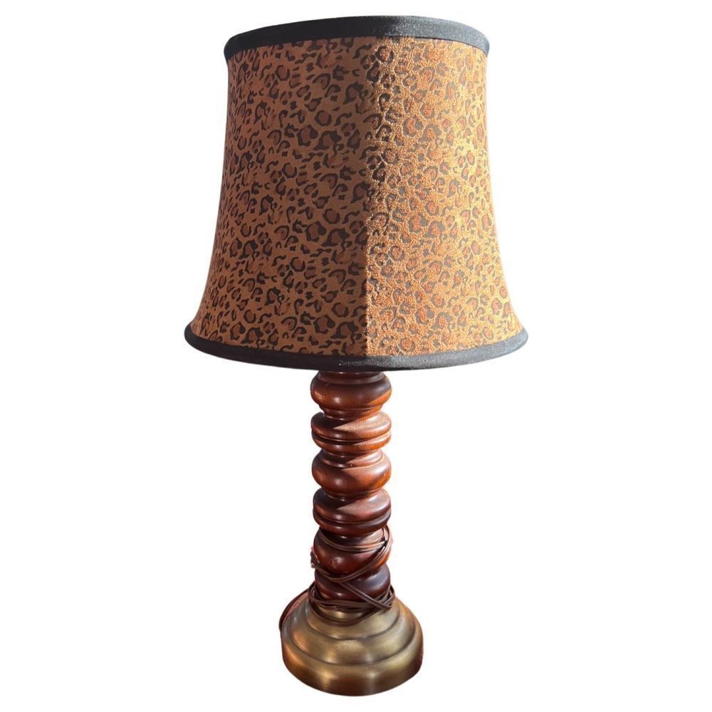 Vintage Mid-Century Wooden Walnut Table Lamp with Animal Print Shade